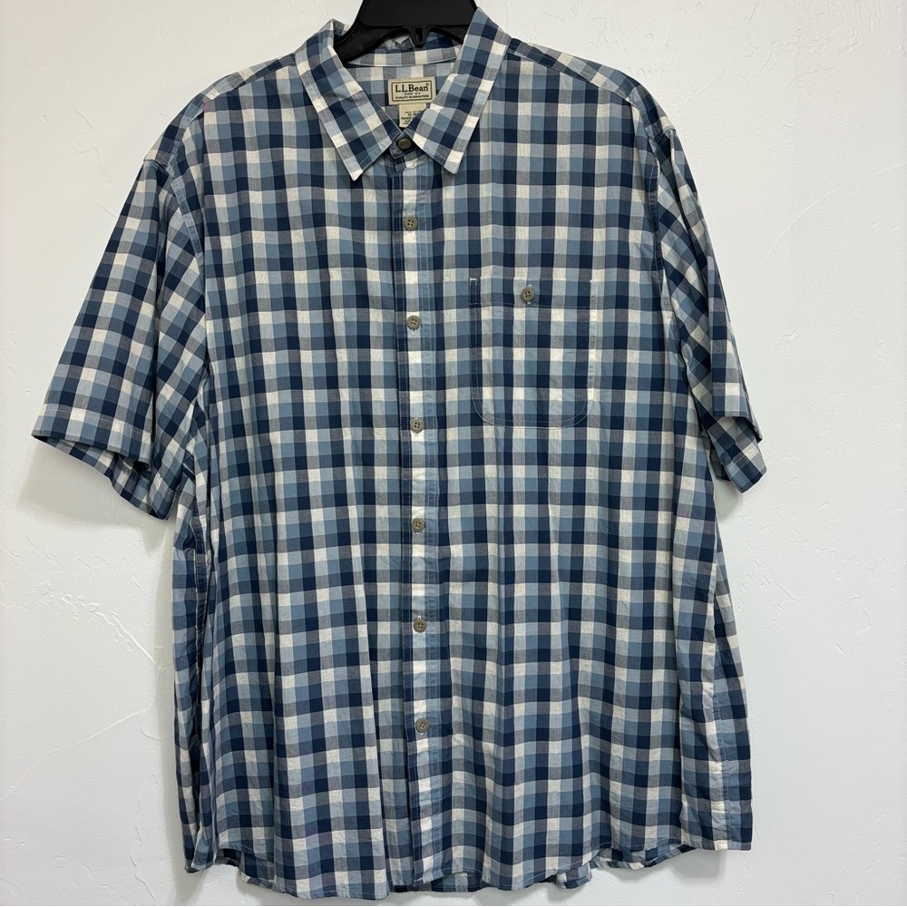 LL Bean Men's XL Cotton Shirt Sleeve Button Front Plaid Shirt Blue Casual